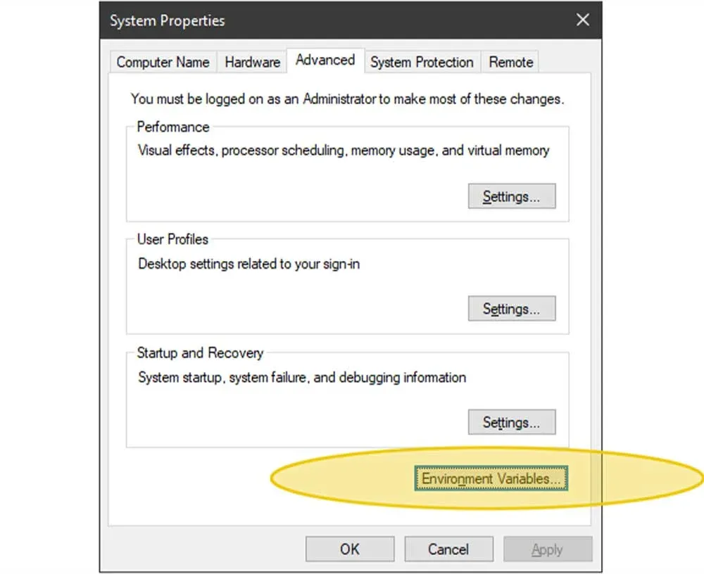 کلیک بر دکمه Environment Variables برای رفع ارور git