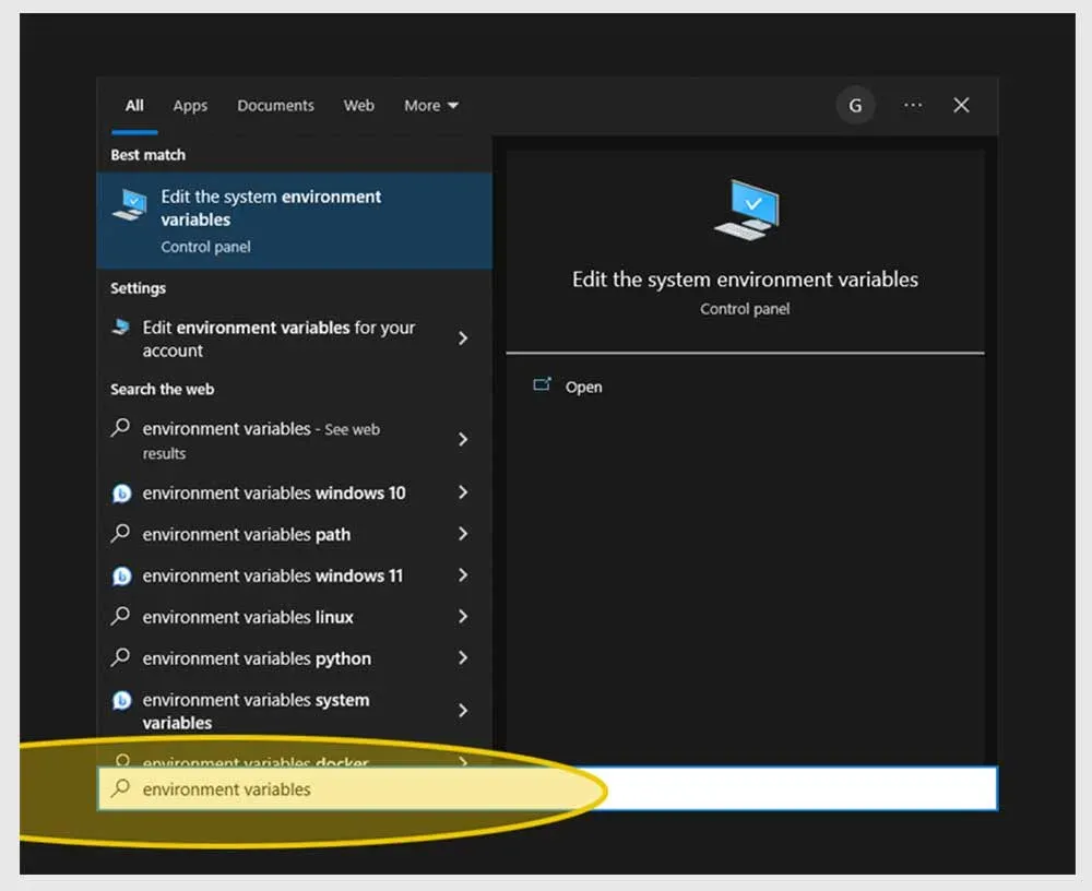 جست و جو Environment Variables در استارت و باز کردن آن برای رفع ارور git