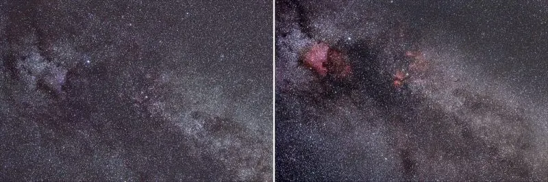همان منطقه آسمان (بخشی از صورت فلکی Cygnus) با یک Canon EOS 60D استاندارد (سمت چپ) و نسخه عکاسی نجومی آن - Canon EOS 60Da (سمت راست) عکس گرفته شده است.
