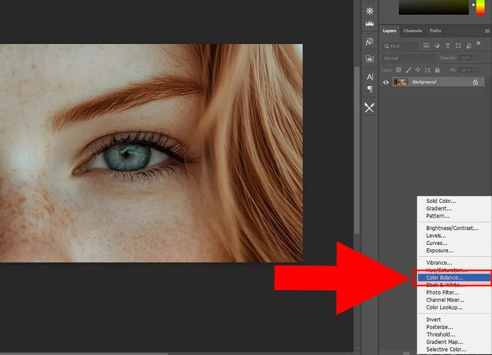 انتخاب ادجاسمنت color balance برای تغییر رنگ چشم