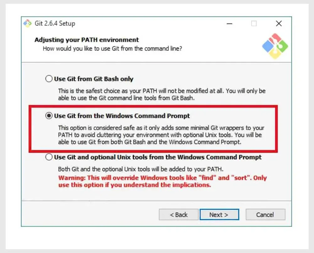 نصب درست git و انتخاب گزینه use git from the windows